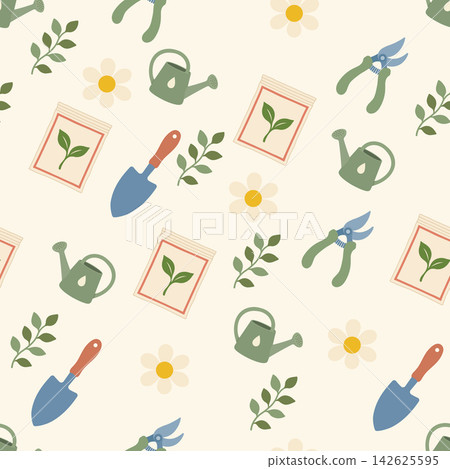 Hand Drawn Garden Tools and Botanical Seamless Pattern Background 142625595