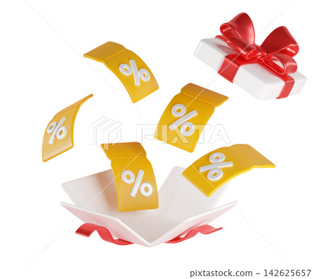 Promo scene with a red gift box and floating yellow percent coupons. Ideal for sales, discounts, and ecommerce campaigns. 142625657