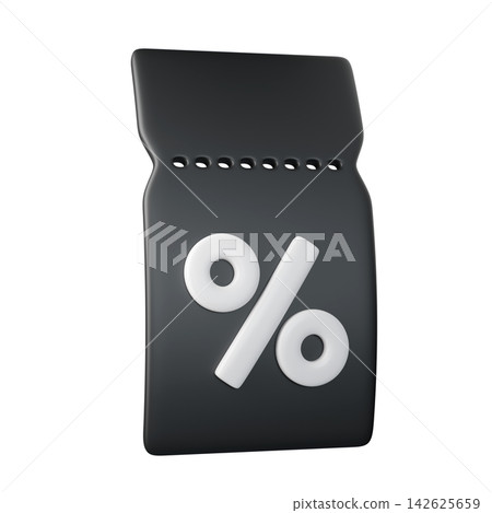 3d black discount tag with percent symbol, isolated on background. Modern promo banner for sales, coupons, and ecommerce campaigns. 142625659