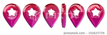 Set of Crystal glass pink location pins with a star cutout. Glossy 3D icon isolated on background for maps, UI, GPS, travel, branding. 3d render Set of Crystal glass pink location pins with a star cutout. Glossy 3D icon isolated on background for maps, UI, GPS, travel, branding. 3d render 142625734