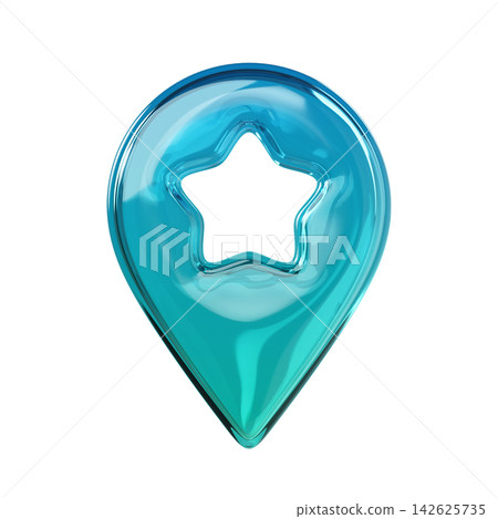 Crystal glass turquoise location pin with a star cutout. Glossy 3D icon isolated on background for maps, UI, GPS, travel, branding. 3d render Crystal glass turquoise location pin with a star cutout. Glossy 3D icon isolated on background for maps, UI, GPS, travel, branding. 3d render 142625735