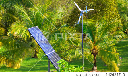 Solar panels with wind turbine. Concept of clean energy. Green technology for future. 142625743