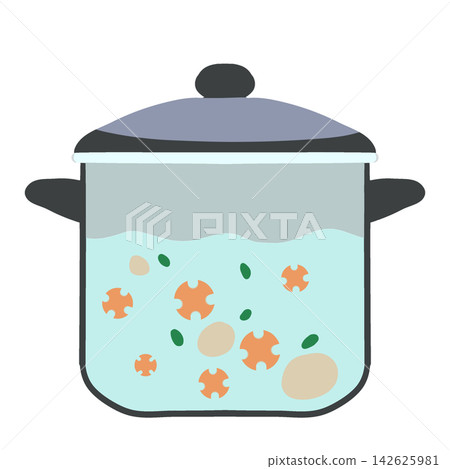 Simmering Pot With Lid And Vegetables Flat Vector Simmering Pot With Lid And Vegetables Flat Vector 142625981