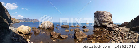 panoramic view of a rocky sea coast with massive boulders near water under a clear blue sky panoramic view of a rocky sea coast with massive boulders near water under a clear blue sky 142626018