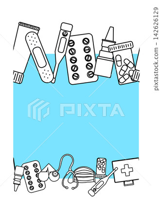 medical icons pill bottles, a blister pack, a capsule, and a dropper bottle Pharmacy Frame template seamless border horizontal hand drawn illustration. Vector graphic line art. healthcare concepts. medical icons pill bottles, a blister pack, a capsule, and a dropper bottle Pharmacy Frame template seamless border horizontal hand drawn illustration. Vector graphic line art. healthcare concepts. 142626129