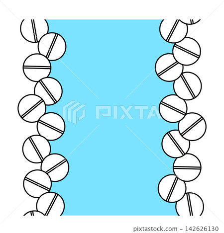 Round white cure pills, aspirin, antibiotics and painkiller drugs. Pharmacy Frame template seamless border vertical hand drawn illustration. Vector graphic line art. Pain treatment pill and drug Round white cure pills, aspirin, antibiotics and painkiller drugs. Pharmacy Frame template seamless border vertical hand drawn illustration. Vector graphic line art. Pain treatment pill and drug 142626130