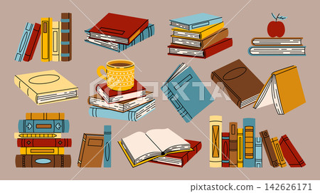 Hand drawn set of stacks in hardcover books with colorful covers, open and closed pages in various compositions. Cartoon illustrations for reading, literature, education, school, library, publishing. Hand drawn set of stacks in hardcover books with colorful covers, open and closed pages in various compositions. Cartoon illustrations for reading, literature, education, school, library, publishing. 142626171