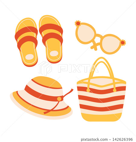 Set of red yellow summer beach accessories. Sunglasses, hat, sandals and beach bag. Set of red yellow summer beach accessories. Sunglasses, hat, sandals and beach bag. 142626396