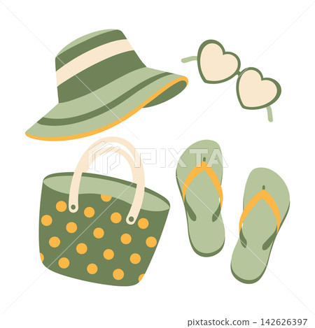 Set of green yellow summer beach accessories. Sunglasses, hat, sandals, beach bag. Vacation items illustration. Set of green yellow summer beach accessories. Sunglasses, hat, sandals, beach bag. Vacation items illustration. 142626397