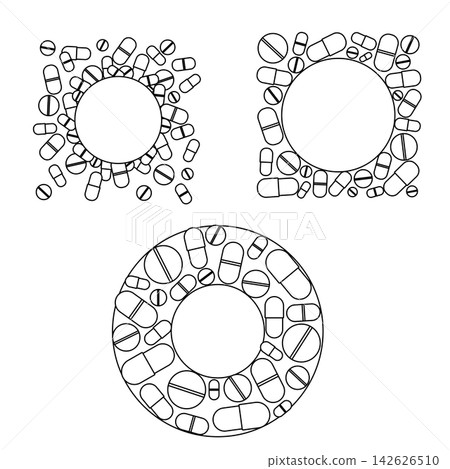 variously shaped pills Pharmacy frame template circle round set, hand drawn illustration. Vector graphic line art. design for fashion graphics, textile prints, fabrics, wallpapers. variously shaped pills Pharmacy frame template circle round set, hand drawn illustration. Vector graphic line art. design for fashion graphics, textile prints, fabrics, wallpapers. 142626510