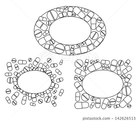 Vitamin pills Pharmacy frame set, template oval hand drawn illustration. Vector graphic line art. background for banners, print for fabric, labels, t-shirt printing. Vitamin pills Pharmacy frame set, template oval hand drawn illustration. Vector graphic line art. background for banners, print for fabric, labels, t-shirt printing. 142626513