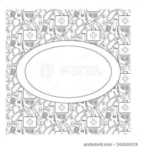 Pharmacy Frame oval template hand drawn illustration. Vector graphic line art. Treatment and health care. Medicines, painkillers and vitamins. invitation, holiday banner, postcard. Pharmacy Frame oval template hand drawn illustration. Vector graphic line art. Treatment and health care. Medicines, painkillers and vitamins. invitation, holiday banner, postcard. 142626519