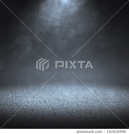 Empty dark asphalt surface illuminated by a dim spotlight against a black background, perfect for product display or design mockups. Smoke background Empty dark asphalt surface illuminated by a dim spotlight against a black background, perfect for product display or design mockups. Smoke background 142626946