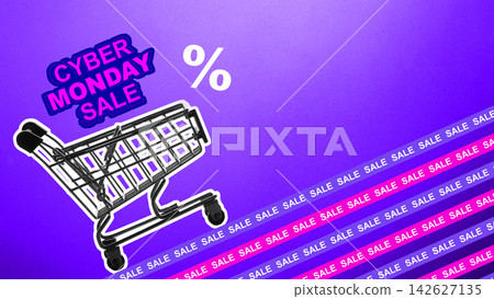 Cyber Monday promotional banner featuring a shopping cart, percent symbol, and diagonal sale tapes on a vibrant purple background. Concept of Cyber Monday sale Cyber Monday promotional banner featuring a shopping cart, percent symbol, and diagonal sale tapes on a vibrant purple background. Concept of Cyber Monday sale 142627135