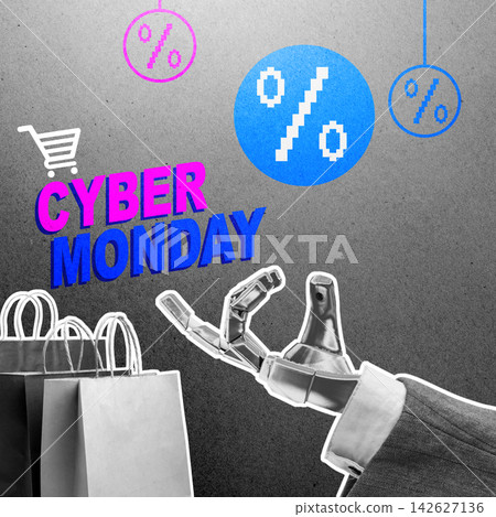 Creative digital collage featuring a robotic hand, shopping bags, and percent signs promoting Cyber Monday online shopping sales on a textured background. Concept of Cyber Monday sale Creative digital collage featuring a robotic hand, shopping bags, and percent signs promoting Cyber Monday online shopping sales on a textured background. Concept of Cyber Monday sale 142627136