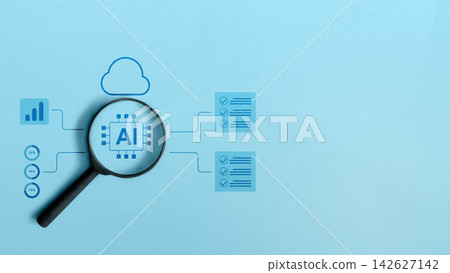 Magnifying glass focusing on an AI chip icon connected to cloud, chart, and checklist graphics, representing artificial intelligence audit and data analysis. Concept of Search Engine Optimization Magnifying glass focusing on an AI chip icon connected to cloud, chart, and checklist graphics, representing artificial intelligence audit and data analysis. Concept of Search Engine Optimization 142627142