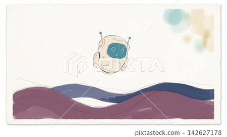 A small cute robot floating above abstract wavy landscape lines A small cute robot floating above abstract wavy landscape lines 142627178