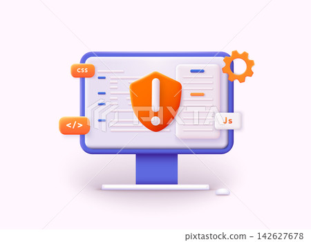 Software quality assurance with Debug coding problems with AI. Code review automation test. Bug testing and QA process with error detection. 3D Web Vector Illustrations. 142627678