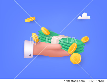 Hand holding cash bundle on blue background. Concept of financial operation with money bills and banknotes. 3D Web Vector Illustrations. Hand holding cash bundle on blue background. Concept of financial operation with money bills and banknotes. 3D Web Vector Illustrations. 142627681
