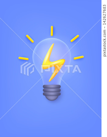3D light bulb with lightning symbol. Electricity and energy. Cartoon plastic icon. 3D Web Vector Illustrations. 3D light bulb with lightning symbol. Electricity and energy. Cartoon plastic icon. 3D Web Vector Illustrations. 142627683