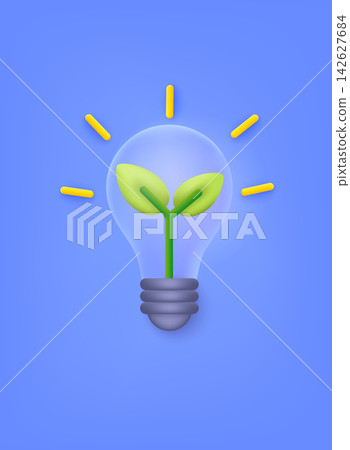 3d light bulb with leaves icon. Render light bulb for eco energy, ecology friendly concept, global warming, recycle, protect environment concept. 3D Web Vector Illustrations. 3d light bulb with leaves icon. Render light bulb for eco energy, ecology friendly concept, global warming, recycle, protect environment concept. 3D Web Vector Illustrations. 142627684