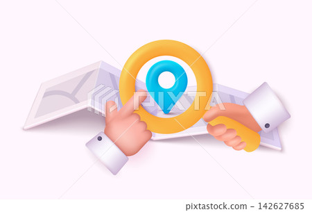 Map with pin.Hand holding magnifying glass. Icons with folded city map and red direction pointer. Element for Map, Social Media, Mobile Apps. 3D Web Vector Illustrations. Map with pin.Hand holding magnifying glass. Icons with folded city map and red direction pointer. Element for Map, Social Media, Mobile Apps. 3D Web Vector Illustrations. 142627685