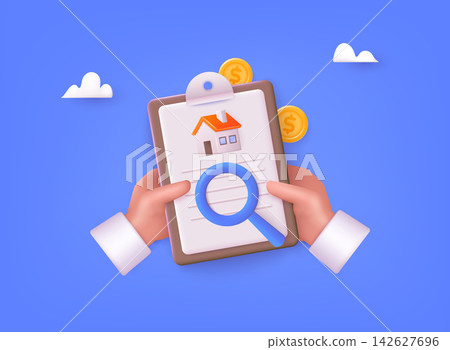 House mortgage property inspection audit icon vector graphic, home real estate deal review assessment, building appraisal. 3D Web Vector Illustrations. House mortgage property inspection audit icon vector graphic, home real estate deal review assessment, building appraisal. 3D Web Vector Illustrations. 142627696