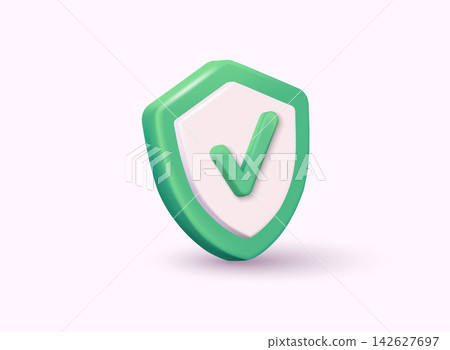 Shield with check mark sign. Security, guaranteed icon. 3D Web Vector Illustrations. 3D Web Vector Illustrations. 142627697
