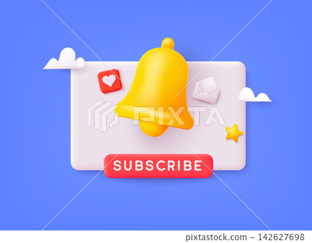 Subscribe 3D Illustration. Notifications page with floating elements. Business planning ,events, reminder and timetable with 3d rendering. 3D Web Vector Illustrations. Subscribe 3D Illustration. Notifications page with floating elements. Business planning ,events, reminder and timetable with 3d rendering. 3D Web Vector Illustrations. 142627698