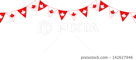 Canada bunting banner with single row patriotic Canadian flag garlands and copy space on transparent background. Copy space. PNG. Vector Canada bunting banner with single row patriotic Canadian flag garlands and copy space on transparent background. Copy space. PNG. Vector 142627946