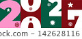 Modern New Year 2027 Geometric Typography Design with Stars and Snowflakes Colorful Holiday. 142628116