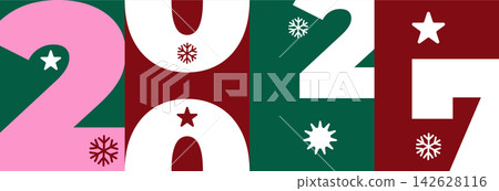 Modern New Year 2027 Geometric Typography Design with Stars and Snowflakes Colorful Holiday. Modern New Year 2027 Geometric Typography Design with Stars and Snowflakes Colorful Holiday. 142628116