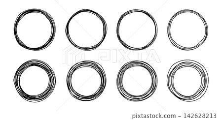 Circle pen doodle frame with hand drawn outline. Sketch circular border in rough scribble style. Circle pen doodle frame with hand drawn outline. Sketch circular border in rough scribble style. 142628213