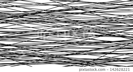 Random chaos of straight intersecting lines forms geometric stripe pattern. Black and white abstract texture with grunge effect and irregular hand drawn elements. Random chaos of straight intersecting lines forms geometric stripe pattern. Black and white abstract texture with grunge effect and irregular hand drawn elements. 142628221