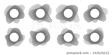 Circular sound wave pattern with radial lines forming abstract audio ripple. Geometric concentric rings create modern music visualization with sun burst rays and vibrant energy. Circular sound wave pattern with radial lines forming abstract audio ripple. Geometric concentric rings create modern music visualization with sun burst rays and vibrant energy. 142628222