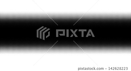 Halftone gradient rectangle with dot pattern fading from center. Black and white dotted texture creates smooth transition effect for modern graphic design backgrounds. Halftone gradient rectangle with dot pattern fading from center. Black and white dotted texture creates smooth transition effect for modern graphic design backgrounds. 142628223