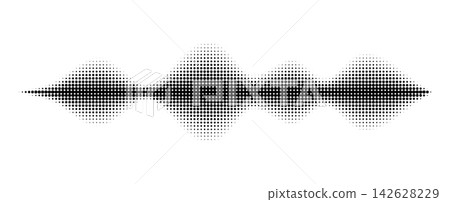 Sound wave pattern with halftone dots creates audio frequency visualization. Voice waveform graphic shows music volume bars and pulse rhythm on white background. Sound wave pattern with halftone dots creates audio frequency visualization. Voice waveform graphic shows music volume bars and pulse rhythm on white background. 142628229