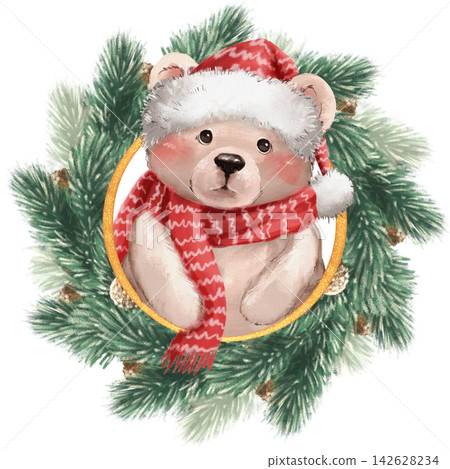Hand-drawn illustration of a cute bear wearing a red Santa hat and scarf inside a Christmas pine wreath. Isolated on white background, perfect for winter holiday cards, festive invitations, and baby 142628234