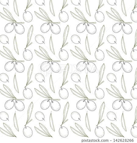 Hand drawn olive fruits on twigs with leaves Seamless pattern Modern engraving style Olive Backdrop. Isolated Vector illustration Textile print, wrapping, packaging design, wallpaper, branding or tag Hand drawn olive fruits on twigs with leaves Seamless pattern Modern engraving style Olive Backdrop. Isolated Vector illustration Textile print, wrapping, packaging design, wallpaper, branding or tag 142628266