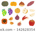 一組手繪風格的秋季美食插圖：蔬菜和水果。 142628354
