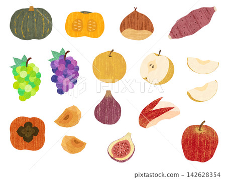 A set of hand-drawn style illustrations of autumn delicacies: vegetables and fruits. A set of hand-drawn style illustrations of autumn delicacies: vegetables and fruits. 142628354