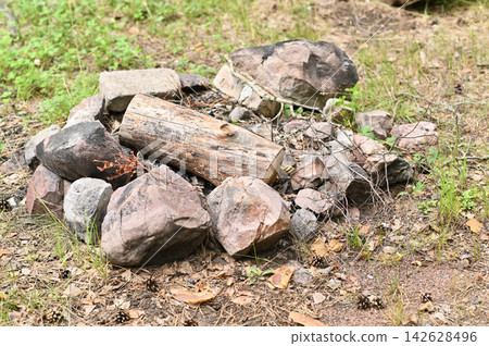Fire pit built from rough stones and weathered logs rests on forest ground, Fire pit built from rough stones and weathered logs rests on forest ground, 142628496