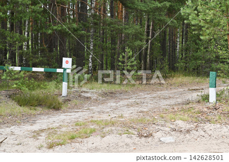 Barrier marks sandy forest path with green and white posts, surrounded by pine trees and vegetation. Barrier marks sandy forest path with green and white posts, surrounded by pine trees and vegetation. 142628501