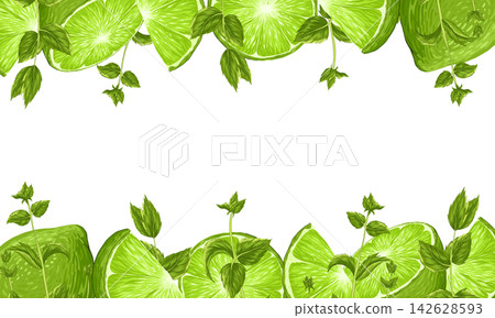 Green lime with mint leaves on a white background. Horizontal square frame with an empty text place. Banner, poster, print. Vector hand drawn illustration. Elements are not cropped 142628593