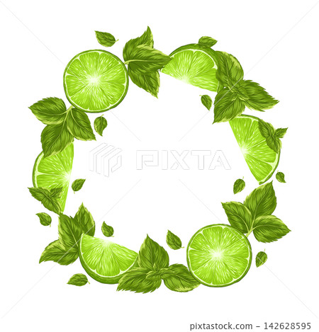 Green lime with mint leaves on a white background. Circle frame with an empty text place. Banner, poster, wrapping paper, sticker, print, modern textile design. Vector hand drawn illustration. Green lime with mint leaves on a white background. Circle frame with an empty text place. Banner, poster, wrapping paper, sticker, print, modern textile design. Vector hand drawn illustration. 142628595