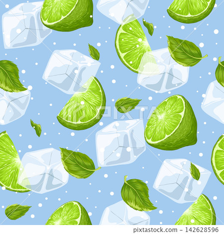Mojito seamless pattern. Lime, mint leaves and ice cubes on a blue background. Vector cartoon illustration. Bright summer background for restaurants, cafe, menu. Refreshing cocktail, soda, lemonade 142628596