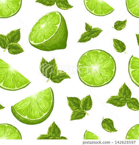 Lime, mint leaves seamless pattern on white background. Vector cartoon illustration. Bright summer citrus fruit print. Fresh lemonade, cocktail, tonic ornament for bar, restaurants, textile, decor Lime, mint leaves seamless pattern on white background. Vector cartoon illustration. Bright summer citrus fruit print. Fresh lemonade, cocktail, tonic ornament for bar, restaurants, textile, decor 142628597