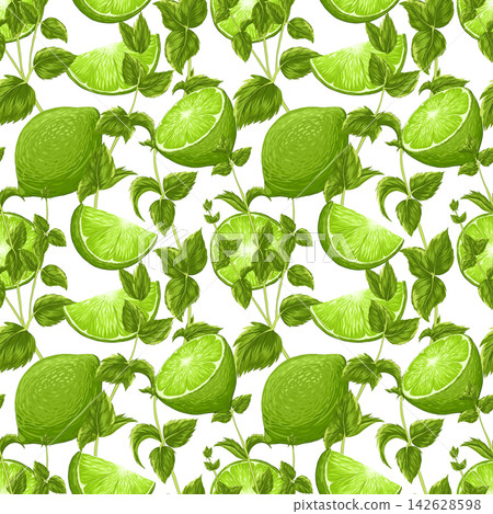 Mojito seamless pattern. Lime, mint leaves on white background. Vector cartoon illustration. Bright summer citrus fruit print. Fresh lemonade, cocktail, tonic ornament for bar, restaurants, textile Mojito seamless pattern. Lime, mint leaves on white background. Vector cartoon illustration. Bright summer citrus fruit print. Fresh lemonade, cocktail, tonic ornament for bar, restaurants, textile 142628598