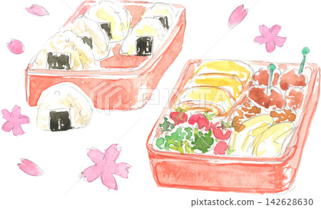 櫻花賞園野餐盒的水彩插畫。 142628630