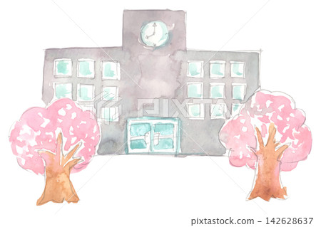 櫻花樹和學校建築的水彩插圖 櫻花樹和學校建築的水彩插圖 142628637